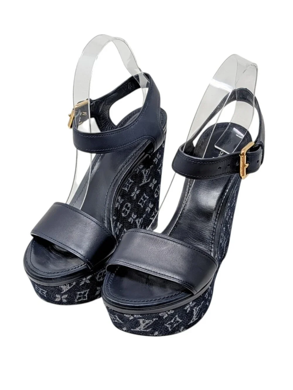 Louis Vuitton Blue Denim Monogram Leather Wedges Size EU 37.5
